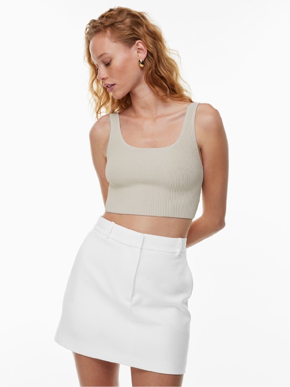 Babaton Ribbed Scoop Crop Tank - Light Beige